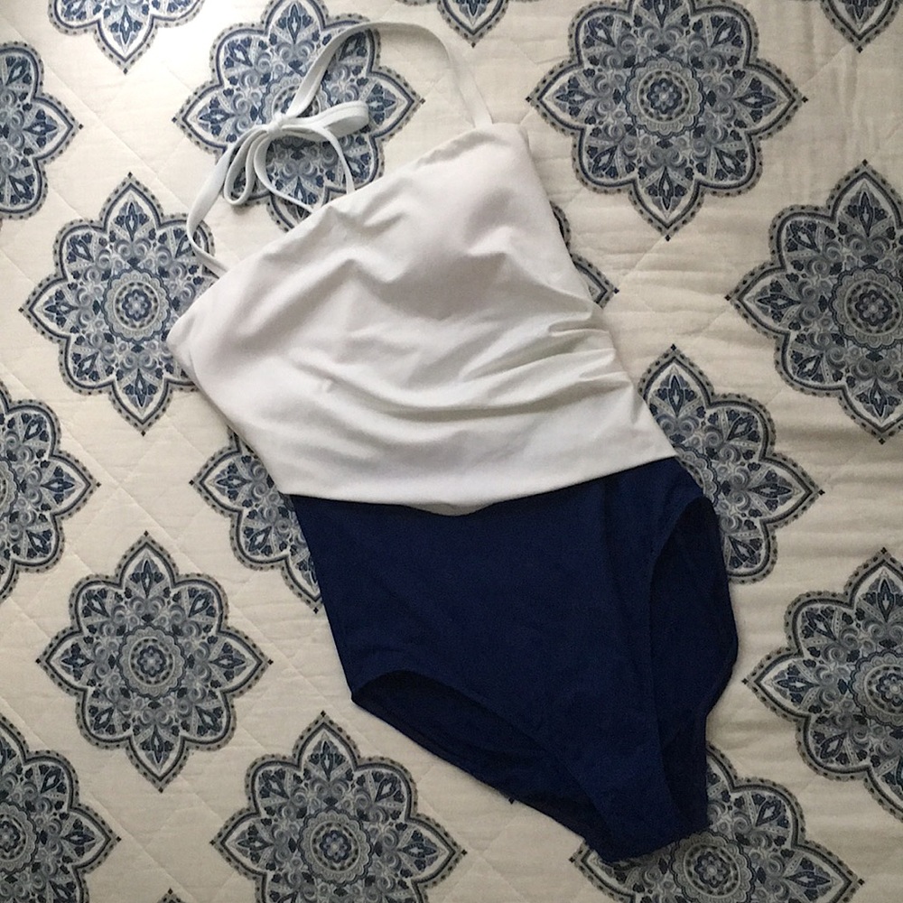 Solid white and navy blue one piece swim